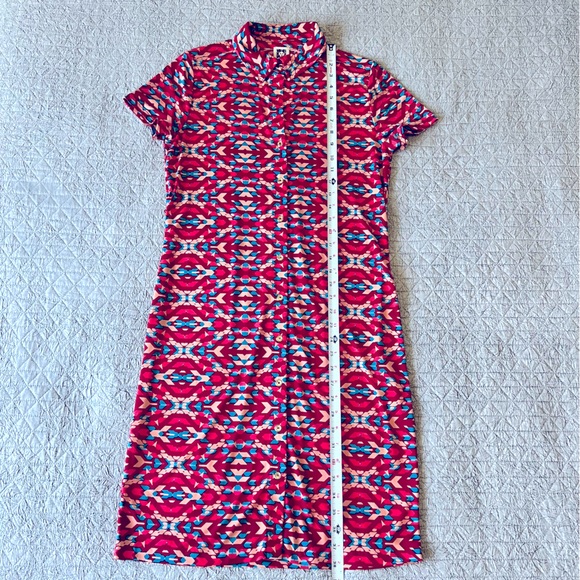 Anne Klein Womens gold Button Front Dress Size s Stretchy red & blue pattern - Picture 6 of 8
